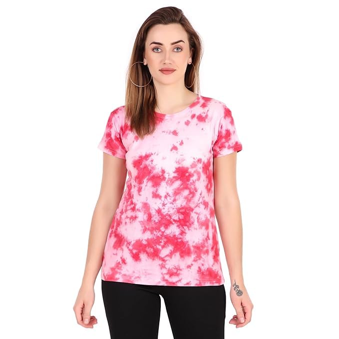 Women's Tie-Dye Polo T-Shirt, Pink and White Pattern, Short Sleeve, Cotton Blend, Collared Neck, Casual Wear-picture-32