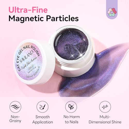 Image of SAVILAND 12 Colors Cat Eye Gel Nail Polish Set: Iridescent Blue Green Yellow Red Aurora Cateye Gel Polish Smooth Shimmer Glitter Magnetic Gel Nail Polish with Magnet Stick DIY Nail Art Galaxy Nails