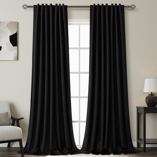 Image of Black 100% Blackout Linen Curtains for Bedroom 102 Inches Long Back Tab Thermal Insulated Vintage Farmhouse Decor Modern Black Out Curtain for Living Room Dining Room Drapes 52x102, 2 Panels