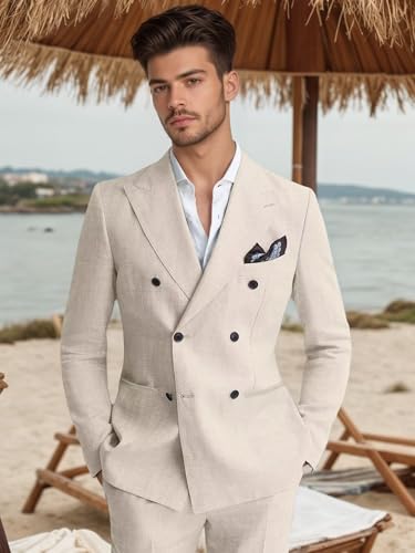 Mens Linen Suit 2 Piece, Mens Double Breasted Suit Tuxedo Slim Fit Linen Suits for Men Wedding Prom Summer Beach2