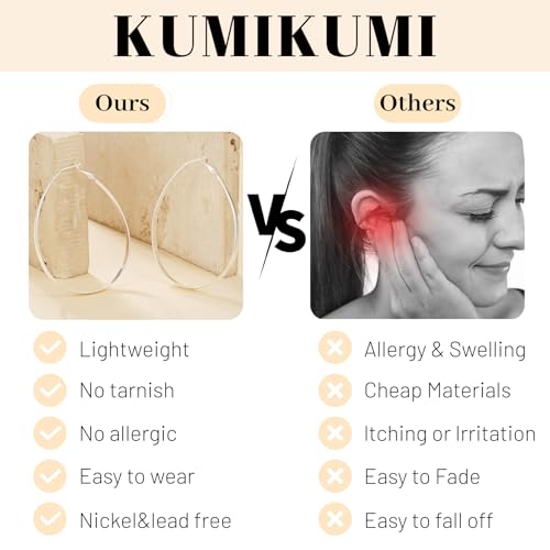 KUMIKUMI Silver Hoop Earrings for Women,Oval Hypoallergenic Sterling Silver Hoop Earrings Lightwieght Large Hoops Earring for Women Gifts4