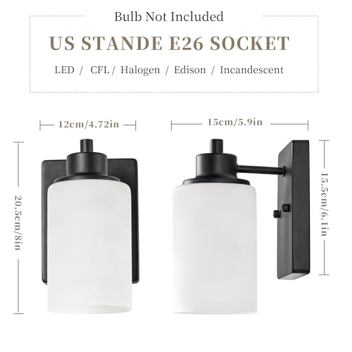 Image of 2-Pack Bath Vanity Light Fixture 1-Light, Indoor Farmhouse Bathroom Wall Sconces Lights for Living Room, Porch, Bedside, Black Finish with White Frosted Glass Shades Wall Mounted Lights