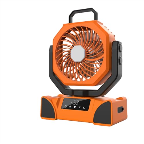 Ventilador de camping recargable de 20000 mAh con luz, oscilación automática, temporizador, pantalla digital LED, pivote de 90° con gancho para tienda de campaña, caravana, garaje de emergencia