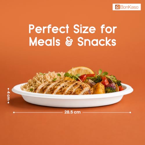 Image of Bonkaso 11 Inch, Pack of 50 Bagasse Disposable Round Plates (White)| Eco-Friendly Sugarcane Paper Plates | Biodegradable, Compostable & Sturdy | Ideal for Snacks, Desserts, Parties, Weddings & Events
