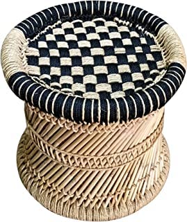 Nitya Enterprises ! Natural and Handmade Bamboo Mudda Stool with Black Beige Chess Board - 13 X 17 Inches Set of 1