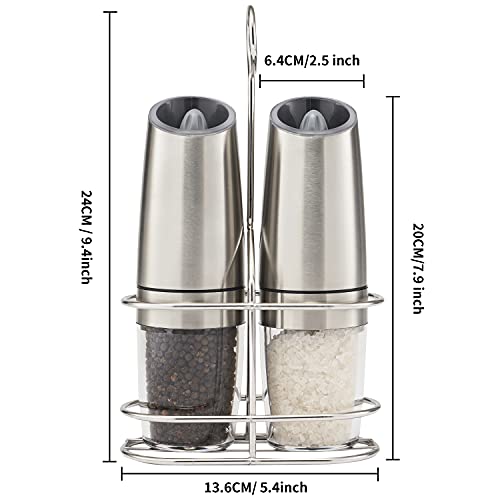 Gravity Electric Salt And Pepper Grinder Set Of 2 With Stand, Battery Powered Automatic Pepper Mill Grinder With Spoon And Brush, One Hand Operation Adjustable Coarseness Blue Led Light (Silver) #TOP6