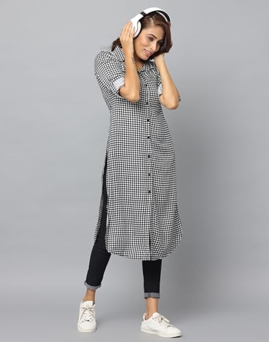 Image of Women's Shirt Collar Kurta with Front Full-Length Placket, Button Straight Cut, 3 /4th Sleeve, Side Pockets