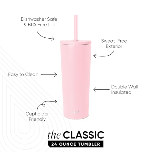 Image of Simple Modern Classic Tumbler with Straw Lid | Insulated Iced Coffee Cup Reusable Stainless Steel Water Bottle Travel Mug | Gifts for Women Men Her Him | 24oz | Blush