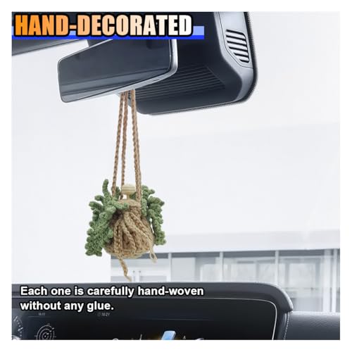 Image of Crochet Hanging Plant Car Pendant - Cute Potted Plant Car Rear View Mirror Charm with 12ml Empty Refillable Glass Bottle - Handmade Knitted Ornament