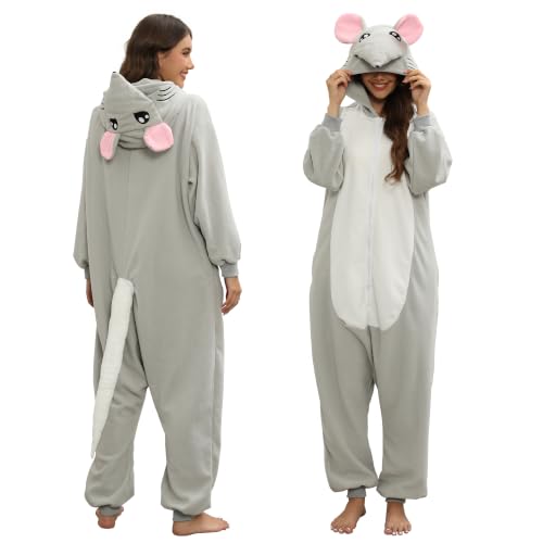 NAMHTOM Rat Costume Adult Women Rat Onesie Animal Pajamas Mouse Halloween Costumes Cartoon Cosplay Sleepwear for Women Men
