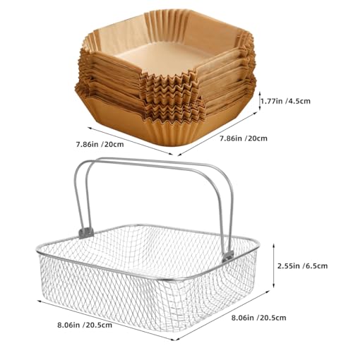 Cabilock 1 Set Cesta Cuadrada de Acero Inoxidable para Freidora, Cesta de Malla de 8 Pulgadas con Mango + Papel Parche Desechable Antiadherente, Accesorio de Repuesto para Cocina Casera | Cesta cuadrada de 8 pulgadas, malla de acero inoxidable, mango desm miniatura 2