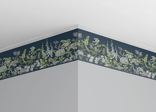 AG Design Selbstklebende Bordüre Wickenblüten auf Preußisch Blau, AWB 8526 | Wasserfest Dekoration für Wände, Möbel, Tapeten, Wandverkleidungen und Türen, Folie | Breite 500 cm x Höhe 13.8 cm