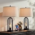 360 Lighting Marcel Modern Industrial Table Lamps 24 1/4" Tall Set of 2 with LED Nightlight USB Port Black Metal Natural Linen Shade for Bedroom Living Room House Desk Bedside Nightstand