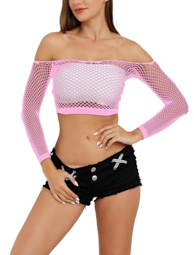 LemonGirl Women Fishnet Tube Top Lingerie Babydoll Chemise Mesh Long Sleeve Tops US2-16 Pink