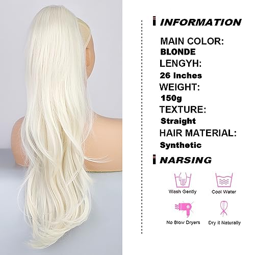 PORSMEER Ponytail Extension,Drawstring Ponytail Hair Extensions Blonde Colour 26 Inch Long Natural Straight Wavy End Synthetic Hairpiece for Women Girls Daily Use - Image 2