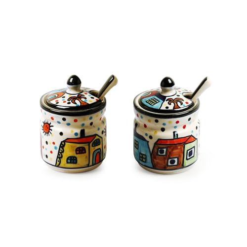 Image of ExclusiveLane 'The Hut' Ceramic Pickle Jars for Dining Table Ceramic Container With Spoons & Iron Tray(Non Air-Tight,Set Of 2,280 ml)|Ceramic Jars for Kitchen Storage Pickle Jar for Storage,Multicolor
