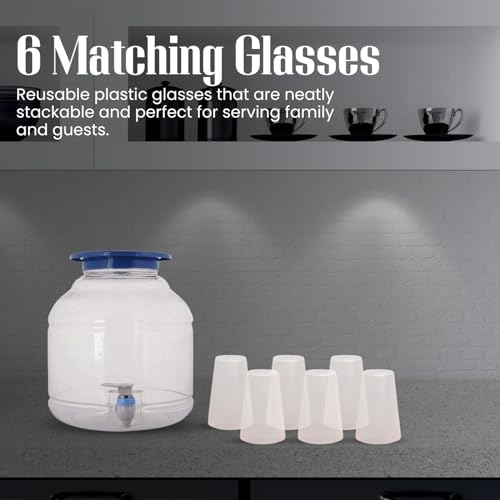 Image of Plastic Water Dispenser with Tap and 6 Glasses, Storage Container Jar Bottle Can (10 Litre, Transparent), White