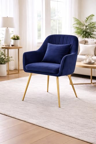 Image of Velvet Chair for Home | Modern Accent Armchair in Soft Velvet Fabric with Golden Legs | Set of 2 Premium Accent Chair for Living Room Bedroom Restaurent | (Blue 1pc, Standard)