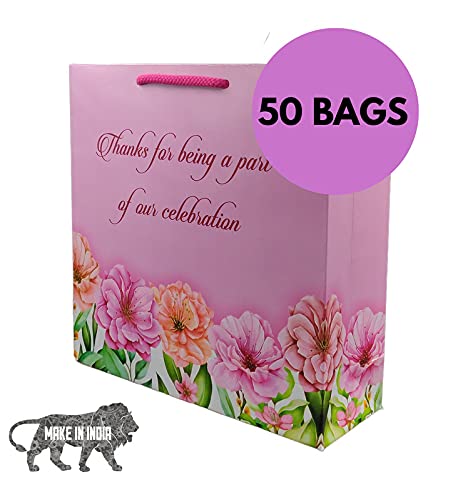 Arrow Paper Products Pink Floral Thank You Big Paper Gift Bags for Baby Shower Return Gift, Small Presents, Weddings, Birthday, Holiday Presents, Pack of 50 (9x9x3inches) 1