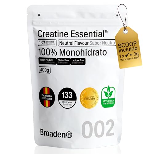 BROADEN® 400g Creatina Monohidrata en Polvo Sin Sabor con 133 Dosis | 100% Monohidrato de Creatina Micronizada | No Incluye Dosificador | Sin Añadidos | Sin OMG, Vegano, Sin Gluten