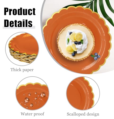 Image of HEIPINIUYE 50 Pieces Orange Paper Plates with Gold Foil 7 Inch Disposable Orange Scalloped Dinner Plates for Wedding Baby Shower Birthday Thanksgiving Party Dessert Plate