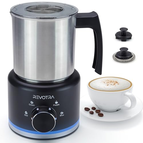 Image of 4 in 1 Milk Frother and Steamer, 500ml Stainless Steel Electric Foam Maker | Dial Control & LED Indicator, Hot & Cold Milk Frother, Non-Stick, Silent, Dishwasher Safe, Latte, Macchiato, Hot Chocolate