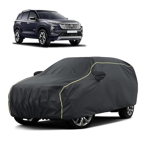 Image of Sulfar 100% Water Resistant Car Body Cover Compatible with Mirror for Tata Safari (Triple Stitched, Full Bottom Elastic, Dark Grey Taffeta with Yellow Piping)