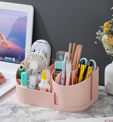 Image of 360 Degree Rotating Desk Makeup Brush Organizers and Pencil Pen Organizers for Desk Desktop Storage Stationery Supplies Cute Pencil Cup Pot for Office School Home (Pink)