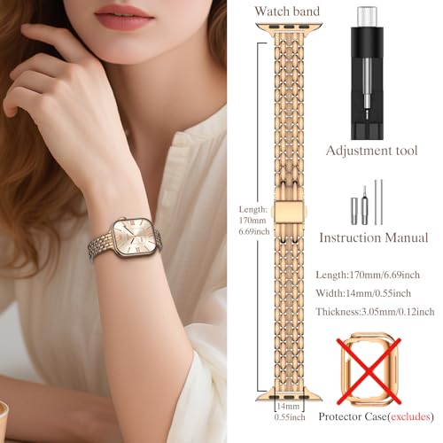Image of Slim Metal Bands for Apple Watch 38mm 40mm 41mm 42mm(Series 11 /10) | Thin Shiny Stainless Steel Strap Bands for Women, Fit iWatch Series 11 10 9 8 7 6 5 4 3 2 1 SE3 SE2 SE, Rose Gold