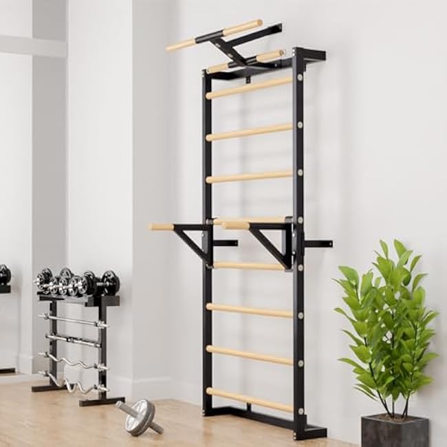 Adjustable Dip Bar Attachment for Swedish Ladder | Non-Slip Double-Bar Handles | Heavy Duty Parallel Bars | Quick-Install Dip Bars Height & Width Adjustable, 330lb Capacity