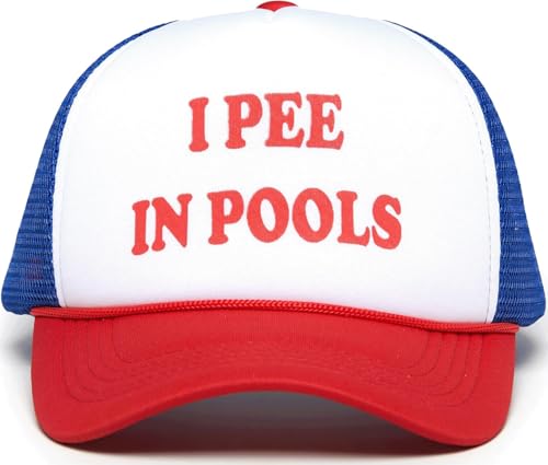Funky Junque Foam Trucker Hat Funny Mesh Back Baseball Cap for Men & Women Cowboy Chic Party Hat Trendy Womens Trucker Hats - I Pee in Pools (White/Red/Blue)