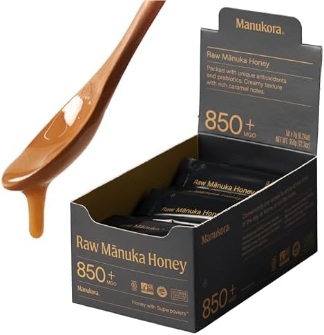 Manukora UMF 20+/MGO 850+ Raw Manuka Honey - Authentic Non-GMO New Zealand Honey, UMF & MGO Certified, Traceable from Hive to Hand (0.25 Oz Stick Packets (Pack of 50))
