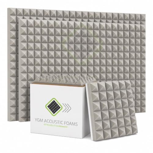 Image of YGM Acoustic Foams Pyramid Acoustic Panels 12″x12″x2″ Thick, Echo & Sound Absorption | Acoustical Sound Proof Foam for Room, Studio, Charcoal Black (Moon Grey (50 Density), Set of 12)