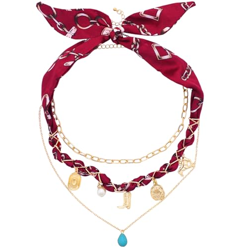 NoctisNest Layered Scarf Necklace for Women - 3 Pcs Western Cowboy Red Bandana Necklace with Turquoise Charms Adjustable Pendant Scarf Choker for Girlfriends Wife Mom Grandma Formal Shirt Casual Gift