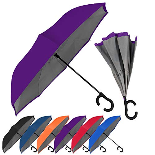 StrombergBrand ViceVersa (Reversible Umbrella with C Handle), Hands Free Umbrella For Women and Men, Inverted Umbrella Windproof - Self Standing Umbrella, Purple Two-Tone Reverse Umbrella