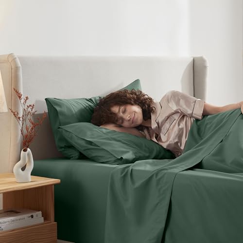 Image of Nestl Split King Bed Sheet Set - Dark Green - 5-Piece Deep Pocket | Instantly Soft, Night-One Ready (No Wash Required). Fits 16-Inch Deep Pockets, 360-Degree Elastic Grip
