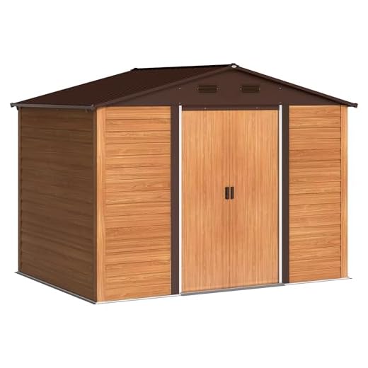 Outsunny Casetta da Giardino 4.84m² in Acciaio Zincato con Fori di Drenaggio Prese d'Aria, Capanno Porta Attrezzi con Tetto Inclinato, Doppie Porte Scorrevoli Bloccabili, Design Effetto Legno, Marrone
