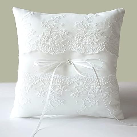 ATAILOVE Wedding Ring Pillow, Lace Pearl Ivory Ring Bearer Cushion for Wedding Party Cover