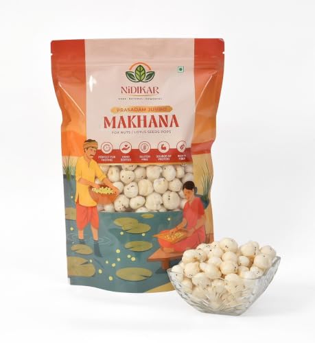 Image of Nidikar Prasadam Jumbo Makhana | Large Size Fox Nuts | Lotus Seed Snack Ingredient | Roasting Cooking and Festive Preparation | 200g