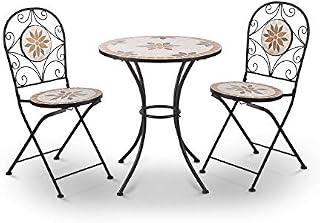Alpine Corporation Indoor/Outdoor 3-Piece Mosaic Bistro Set Folding Table and Chairs Patio Seating, Tan