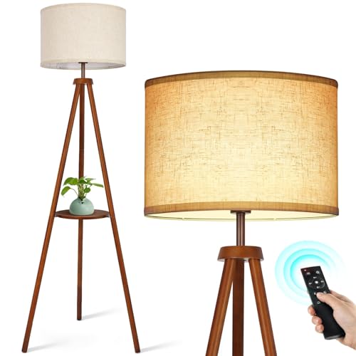 OUTON Solid Wooden Tripod Floor Lamp, Bulb Included, Standing Lamp with Remote Control, Dimmable & 4 Color Temperatures, 1H Timer, Floor Lamp with Storage Shelf Linen Shade for Living Room Bedroom