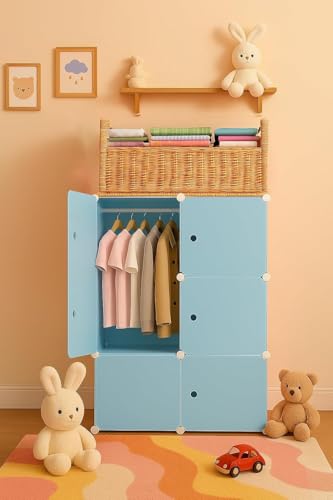 Image of Sunderlook Plastic Wardrobe for Kids Clothes - Professional Collapsible Wardrobe, Easy to Use Foldable Almirah, Plastic Cupboard for Kids for Home (Blue-Z3, 6 Door)