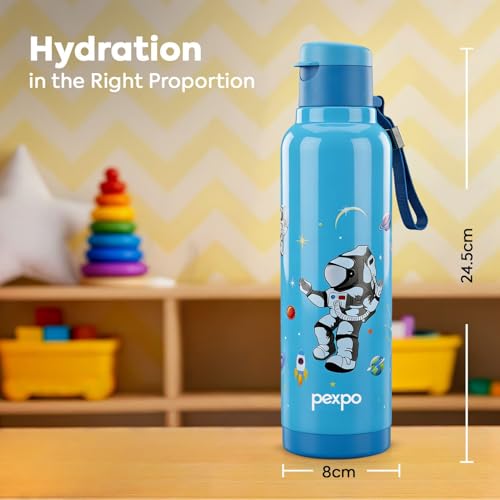 Image of Go24 pexpo Sonnet 900 PU Insulated Stainless Steel Water Bottle for Kids - 680ml | Flip-Top Cap | Leakproof & BPA Free| Carry Strap | for School, Sports, Travel, Picnic, Outdoor - Blue Astronaut