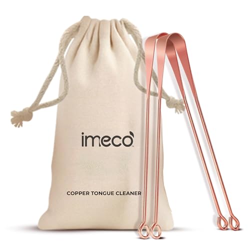 Image of IMECO Copper Tongue Cleaner (2 Pack) | Unisex | U-Shaped Tongue Scraper with Travel Pouch | Comfortable & Flexible Handle | Reduces Bacteria & Bad Breath | 100% Pure Copper | Antimicrobial Properties