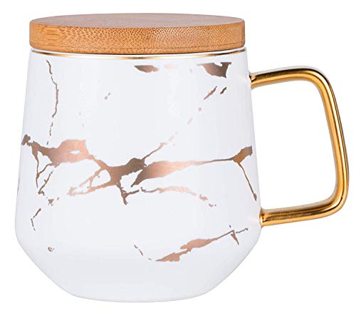 YBK Tech Taza de té de porcelana para té de la tarde – diseño de mármol (blanco, alto 400 ml + tapa de bambú) - Imagen 8