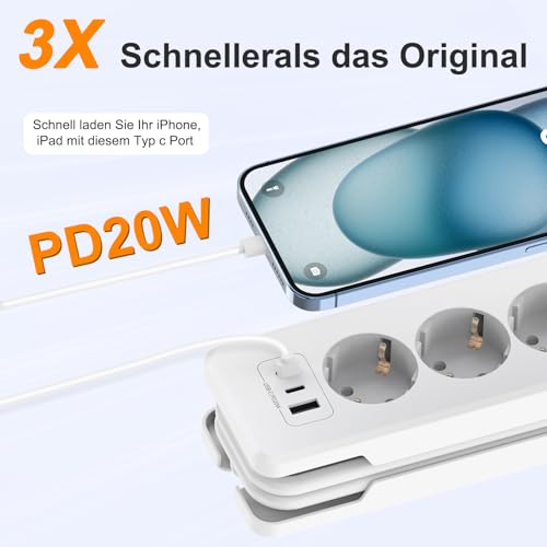 Steckdosenleiste 2 USB C(PD 20W) und 1 USB A, 3 Fach Mehrfachsteckdose – Ansicht 3