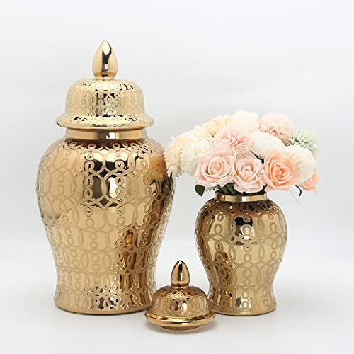 Robmet Gold Ginger Jars For Home Decor, Handcrafted And Hand Painted Decorative Ceramic Jar Vase With Lid，Carved Patterned Temple Jar (Size : Large) #TOP2