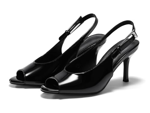 Coutgo Womens Slingback High Heels Open Peep Toe Sandals Buckle Wedding Party Dress Shoes, Black Patent Leather, Size 11