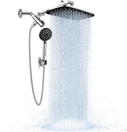 Veken High Pressure Rain Shower Head Combo with Extension Arm- Wide Showerhead with 6 Handheld Water Spray - Adjustable Dual Shower with Anti-Clog Nozzles - Silver Chrome