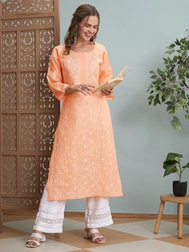 Image of Ada Women's Cotton Straight Fit Straight Hand Embroidered Lucknowi Chikankari Kurta Kurti A411165